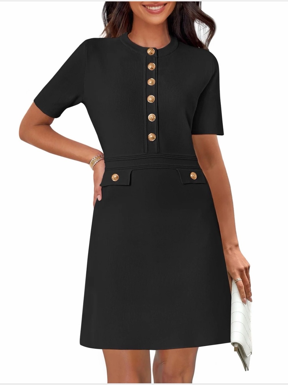 Merokeety Black Short-Sleeve Dress with Gold Buttons NWT